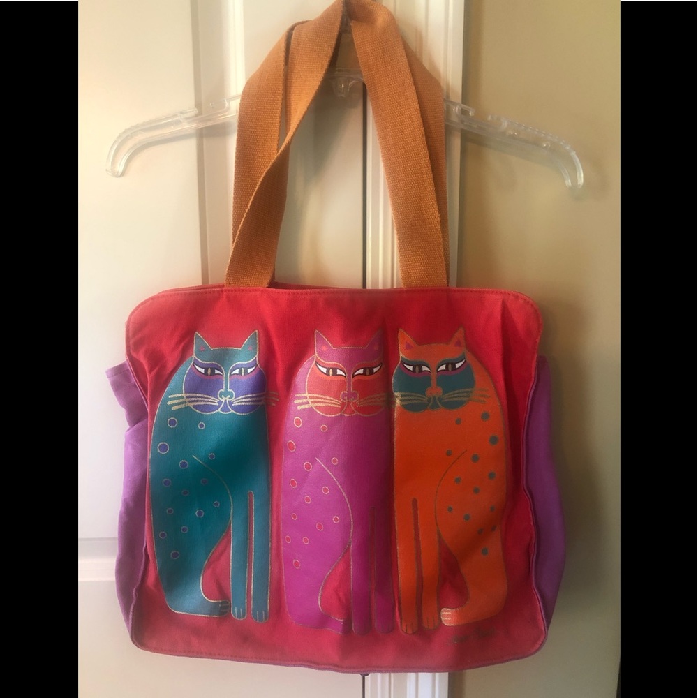LAUREL BURCH CAT TOTE BAG LIGHT WASH WEAR NO FLAWS MAGNETIC BUTTON CLOSURE